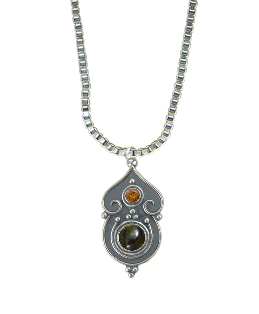 Sterling Silver Necklace Spectrolite And Amber